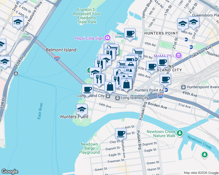 map of restaurants, bars, coffee shops, grocery stores, and more near 2-35 51st Avenue in Queens