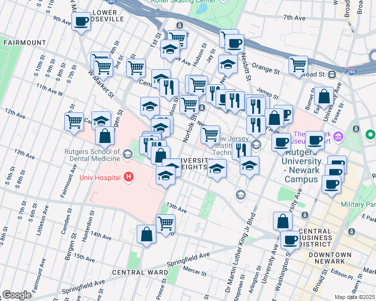 map of restaurants, bars, coffee shops, grocery stores, and more near 247 Warren Street in Newark