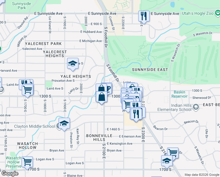 map of restaurants, bars, coffee shops, grocery stores, and more near 1168 Foothill Drive in Salt Lake City