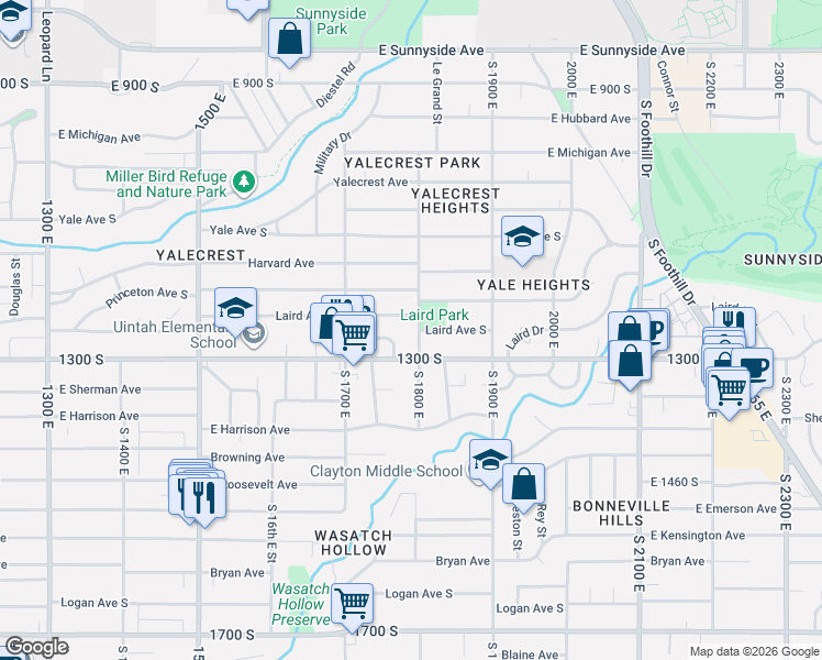map of restaurants, bars, coffee shops, grocery stores, and more near 1769 Laird Avenue South in Salt Lake City