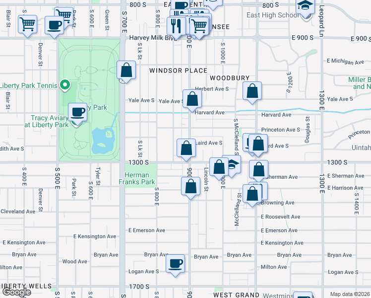 map of restaurants, bars, coffee shops, grocery stores, and more near 1192 900 East in Salt Lake City