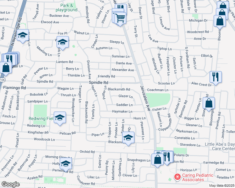 map of restaurants, bars, coffee shops, grocery stores, and more near 15 Blacksmith Road in Hicksville