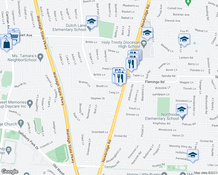 map of restaurants, bars, coffee shops, grocery stores, and more near 41 Booth Lane in Levittown