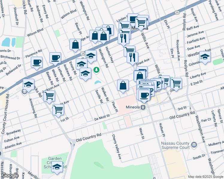 map of restaurants, bars, coffee shops, grocery stores, and more near 160 Marcellus Road in Mineola