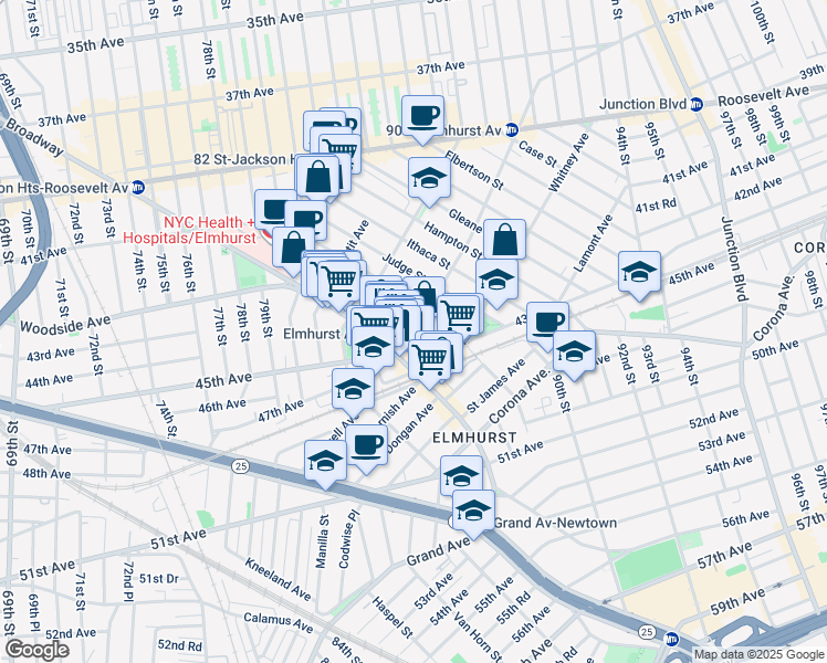 map of restaurants, bars, coffee shops, grocery stores, and more near in Queens