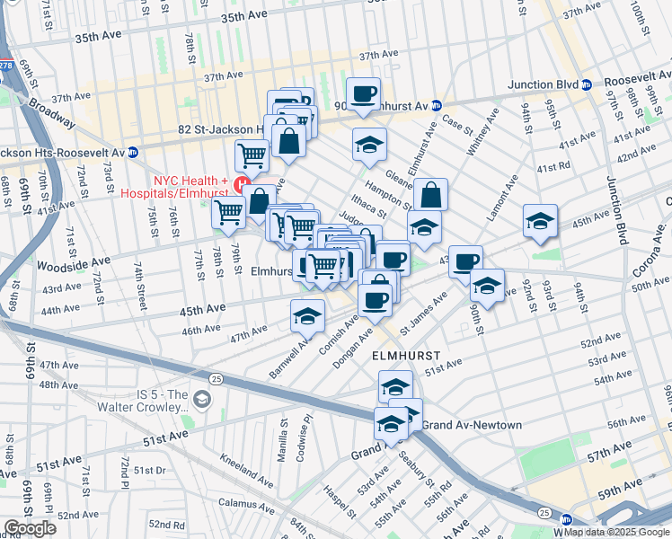 map of restaurants, bars, coffee shops, grocery stores, and more near in Queens