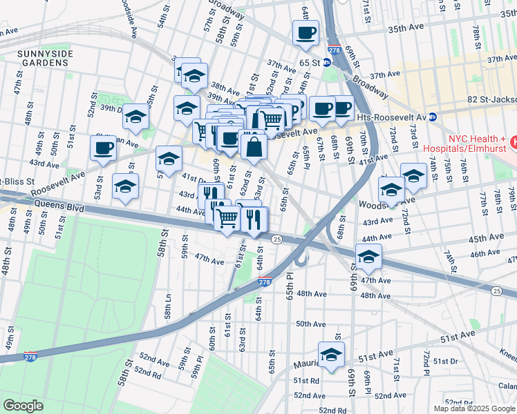 map of restaurants, bars, coffee shops, grocery stores, and more near 41-44 Woodside Avenue in Queens