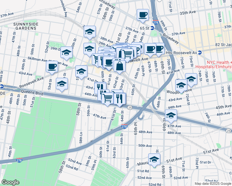map of restaurants, bars, coffee shops, grocery stores, and more near 41-44 Woodside Avenue in Queens
