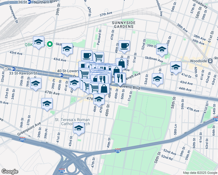 map of restaurants, bars, coffee shops, grocery stores, and more near in Queens