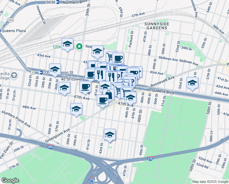 map of restaurants, bars, coffee shops, grocery stores, and more near in Queens