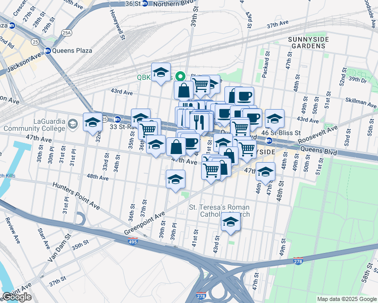 map of restaurants, bars, coffee shops, grocery stores, and more near in Queens