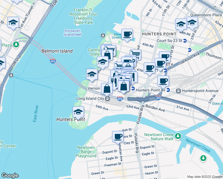 map of restaurants, bars, coffee shops, grocery stores, and more near 5-04 50th Avenue in Queens