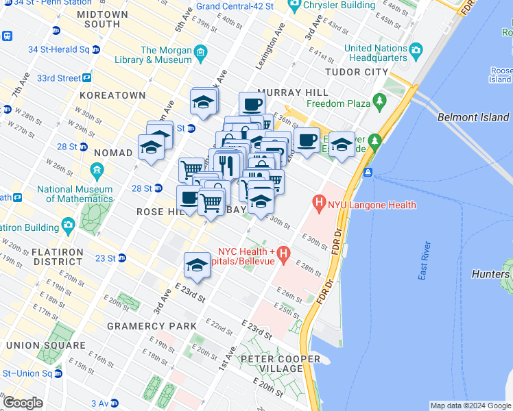 map of restaurants, bars, coffee shops, grocery stores, and more near 208 East 30th Street in New York