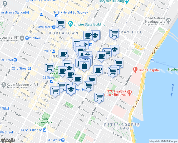map of restaurants, bars, coffee shops, grocery stores, and more near in New York