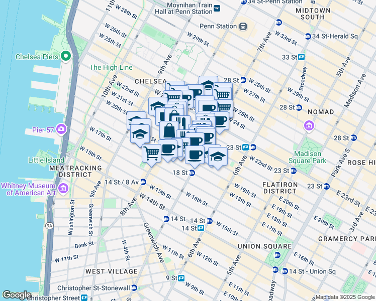 map of restaurants, bars, coffee shops, grocery stores, and more near 223 West 20th Street in New York