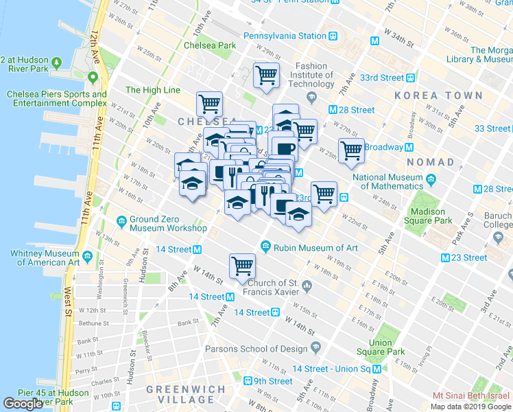 map of restaurants, bars, coffee shops, grocery stores, and more near 223 West 20th Street in New York