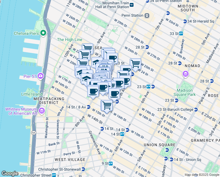 map of restaurants, bars, coffee shops, grocery stores, and more near in New York