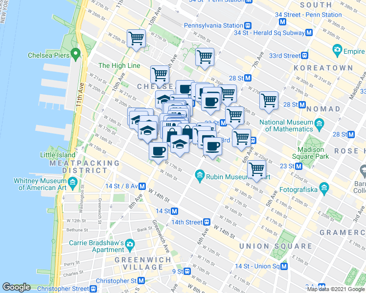 map of restaurants, bars, coffee shops, grocery stores, and more near in New York