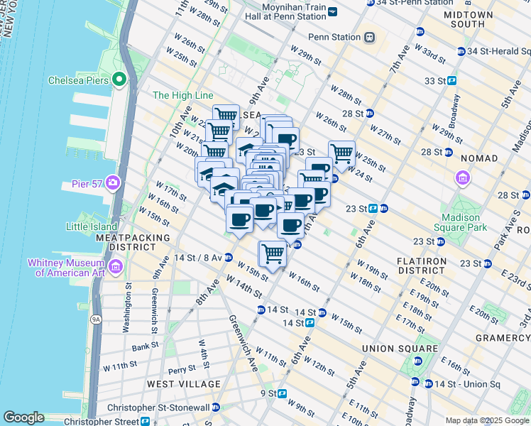 map of restaurants, bars, coffee shops, grocery stores, and more near in New York