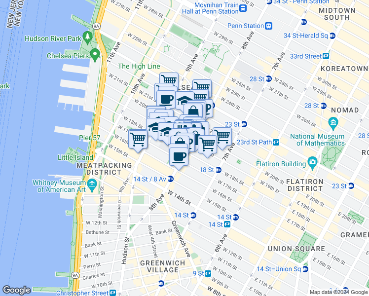 map of restaurants, bars, coffee shops, grocery stores, and more near in New York