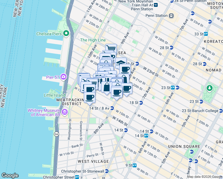 map of restaurants, bars, coffee shops, grocery stores, and more near 351 West 18th Street in New York