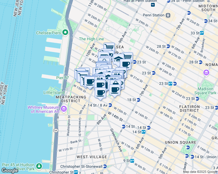 map of restaurants, bars, coffee shops, grocery stores, and more near 351 West 18th Street in New York