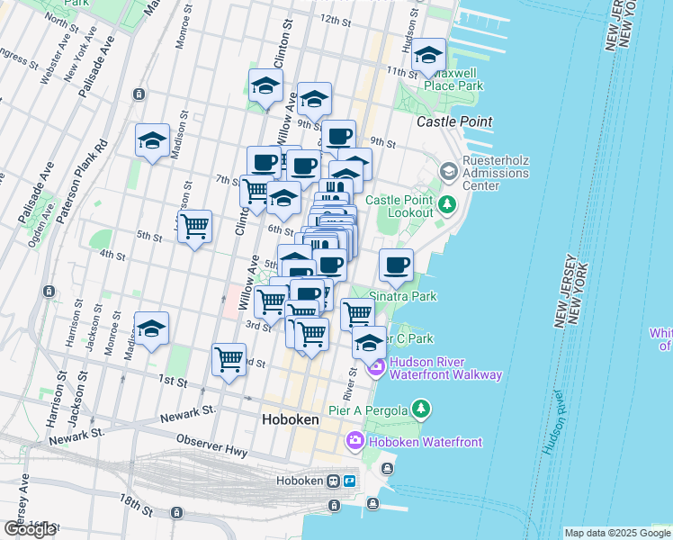 map of restaurants, bars, coffee shops, grocery stores, and more near 522 Washington Street in Hoboken