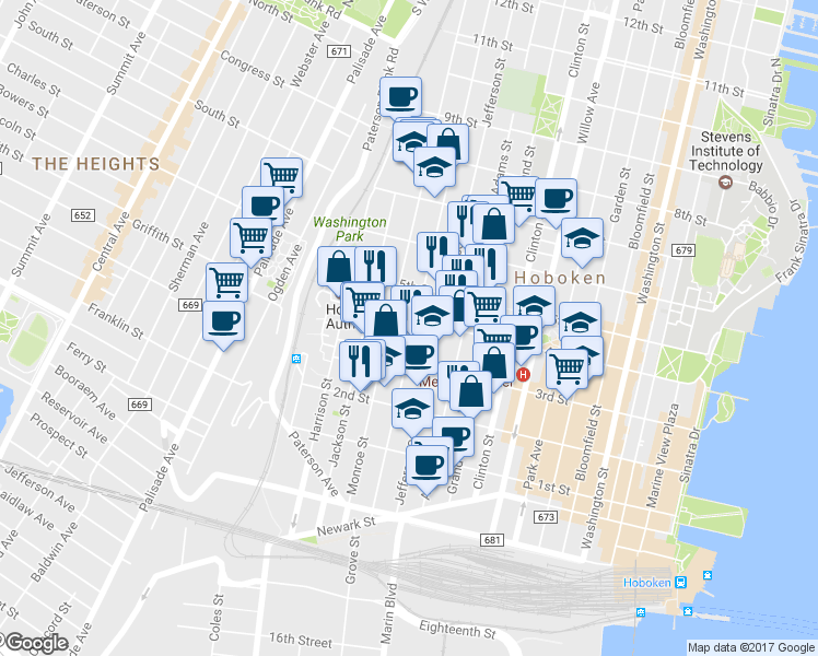 map of restaurants, bars, coffee shops, grocery stores, and more near in Hoboken