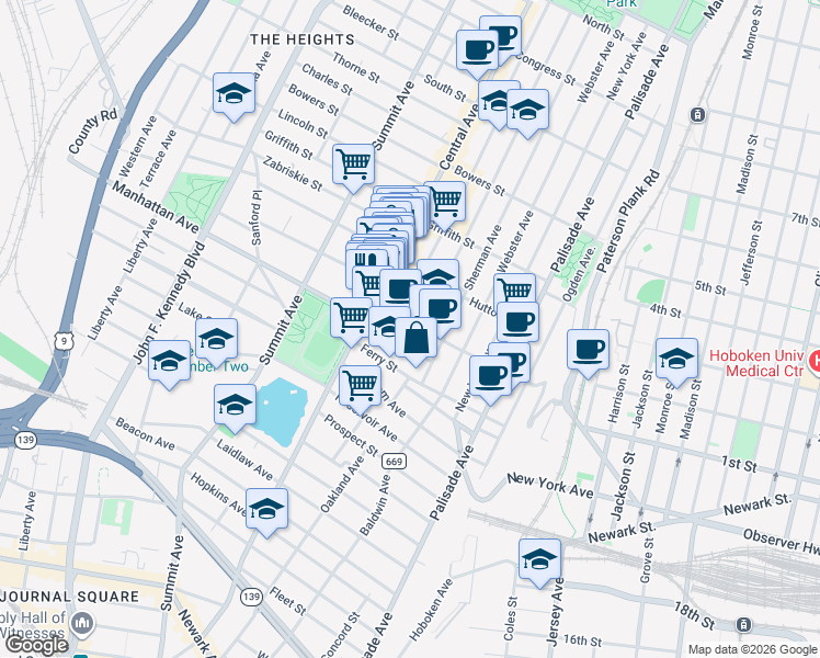 map of restaurants, bars, coffee shops, grocery stores, and more near 136 Franklin Street in Jersey City