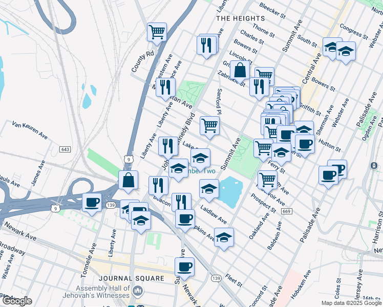 map of restaurants, bars, coffee shops, grocery stores, and more near 72 County Road 650 in Jersey City