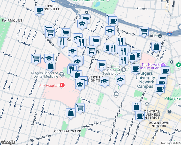 map of restaurants, bars, coffee shops, grocery stores, and more near 247 Warren Street in Newark