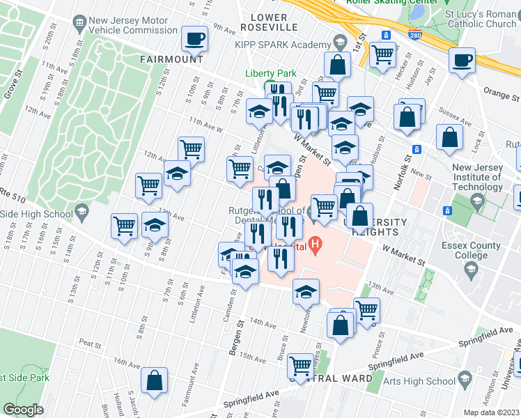 map of restaurants, bars, coffee shops, grocery stores, and more near 124 Fairmount Avenue in Newark