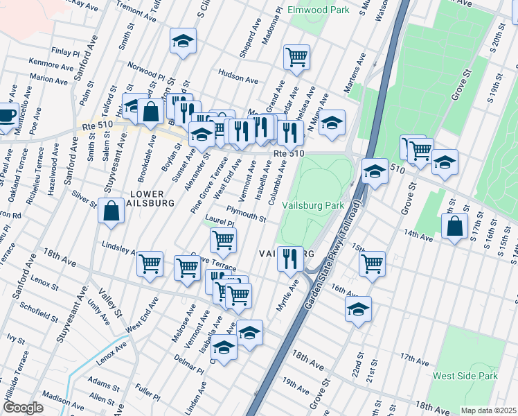 map of restaurants, bars, coffee shops, grocery stores, and more near 63 Columbia Avenue in Newark