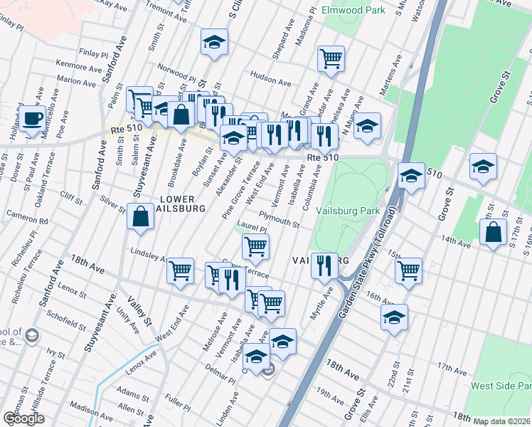 map of restaurants, bars, coffee shops, grocery stores, and more near 62 Vermont Avenue in Newark