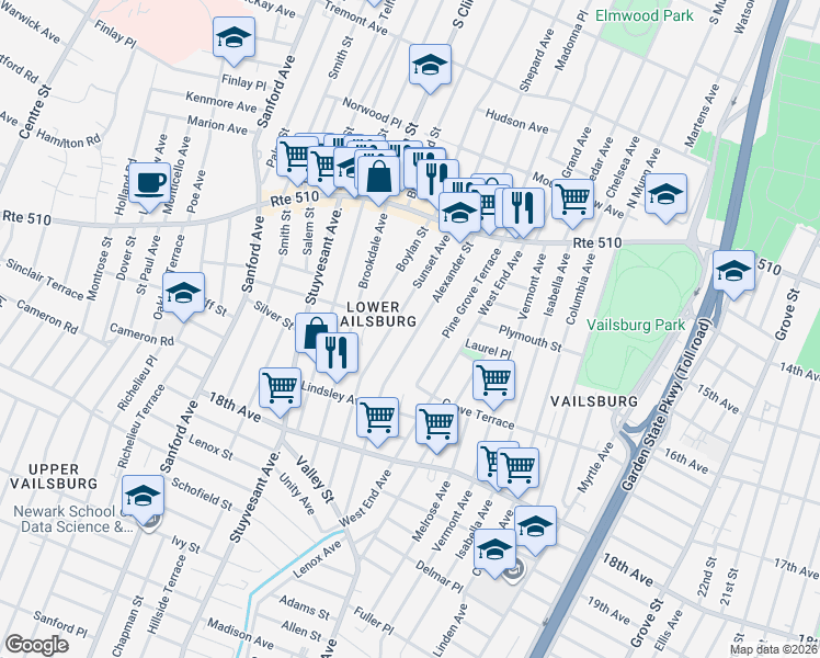 map of restaurants, bars, coffee shops, grocery stores, and more near 80 Sunset Avenue in Newark