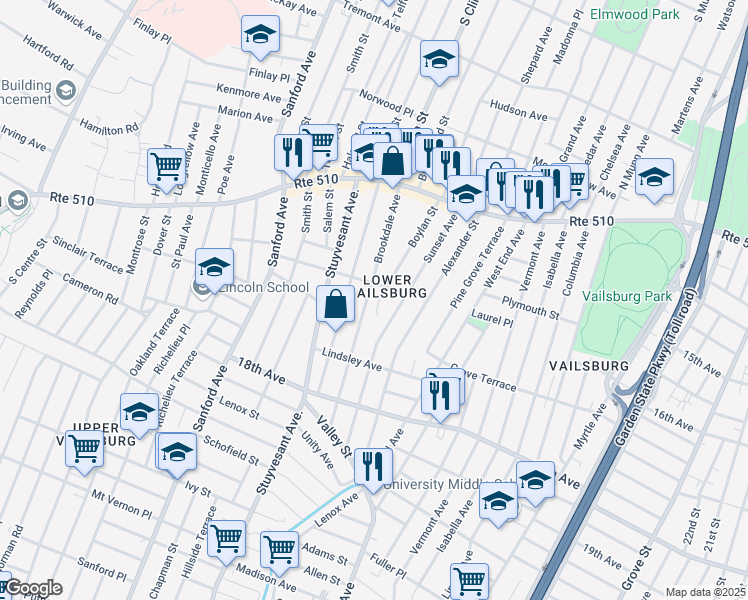 map of restaurants, bars, coffee shops, grocery stores, and more near 91 Boylan Street in Newark