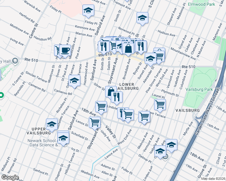 map of restaurants, bars, coffee shops, grocery stores, and more near 96 Norwood Street in Newark