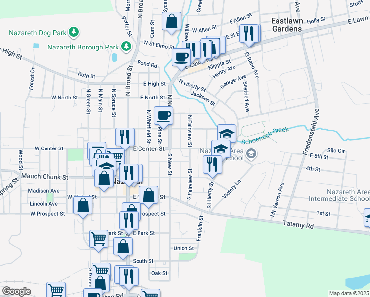 map of restaurants, bars, coffee shops, grocery stores, and more near 331 East Center Street in Nazareth