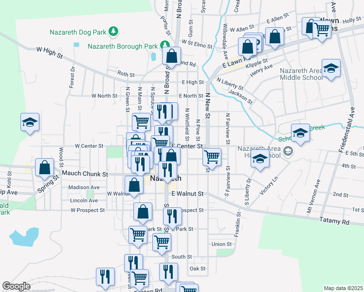 map of restaurants, bars, coffee shops, grocery stores, and more near 14 North Whitfield Street in Nazareth