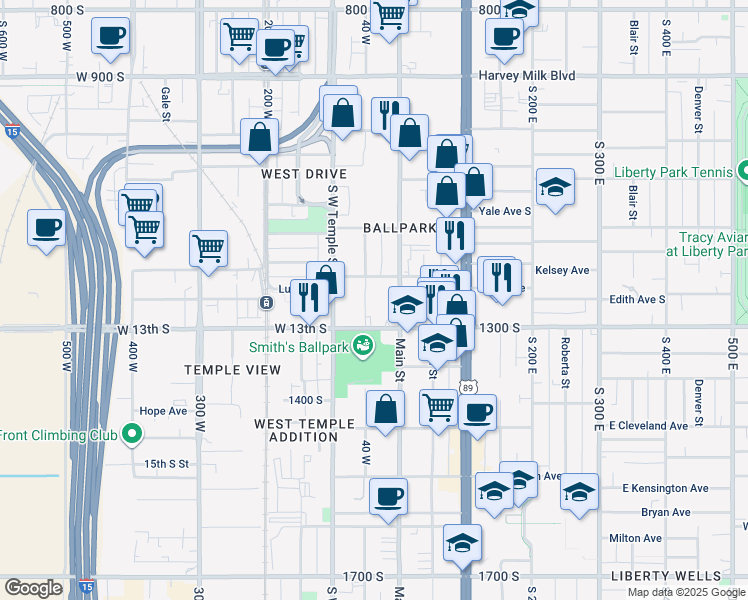 map of restaurants, bars, coffee shops, grocery stores, and more near 1234 South Main Street in Salt Lake City