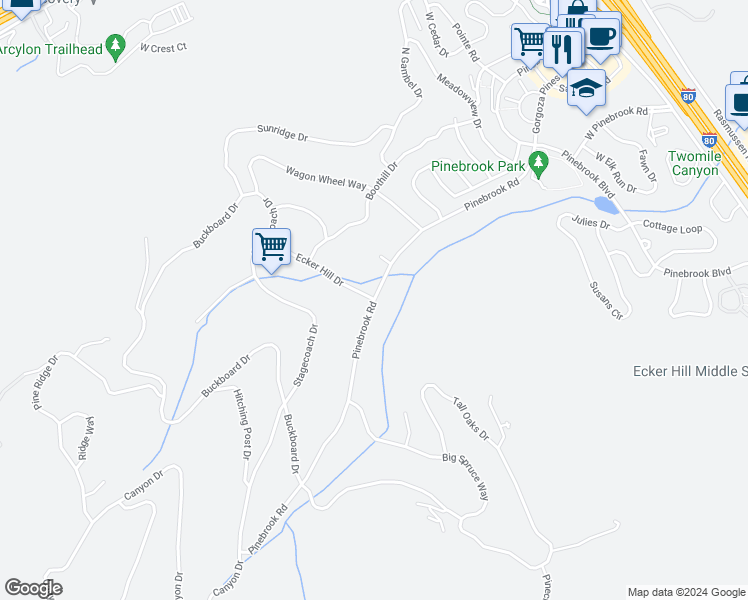 map of restaurants, bars, coffee shops, grocery stores, and more near 7632 Pinebrook Road in Park City