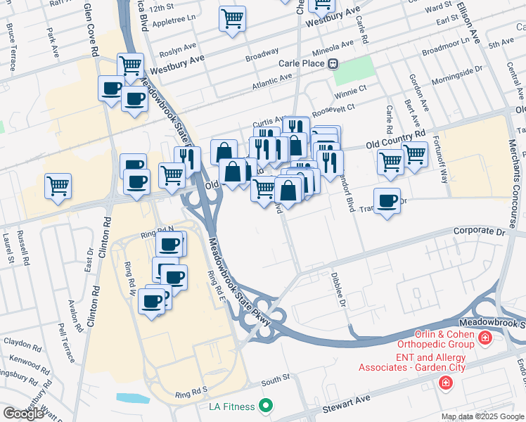 map of restaurants, bars, coffee shops, grocery stores, and more near 867 E Gate Blvd in Garden City