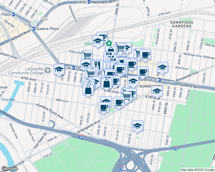 map of restaurants, bars, coffee shops, grocery stores, and more near 45-25 39th Street in Queens