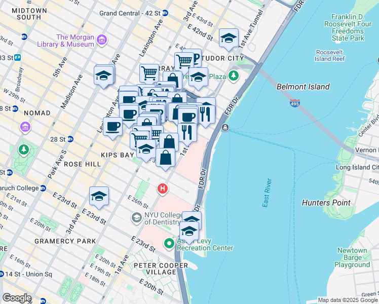 map of restaurants, bars, coffee shops, grocery stores, and more near 550 1st Avenue in New York