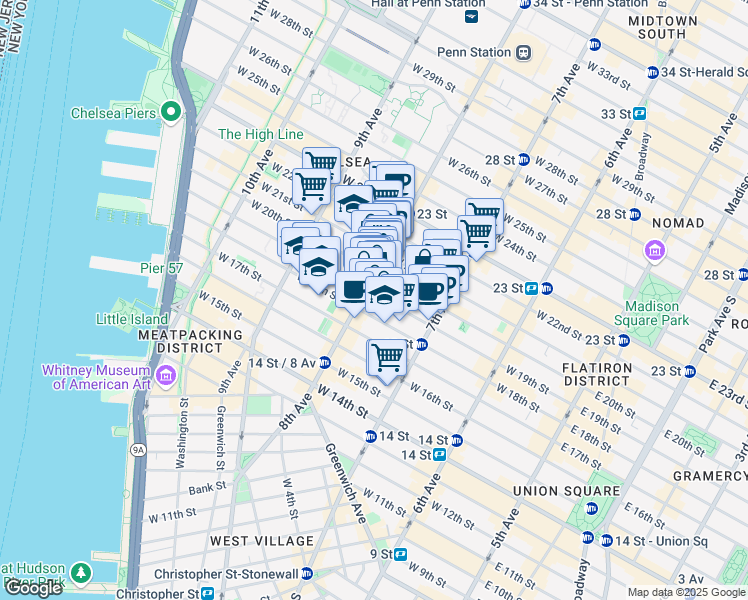 map of restaurants, bars, coffee shops, grocery stores, and more near 278 West 19th Street in New York