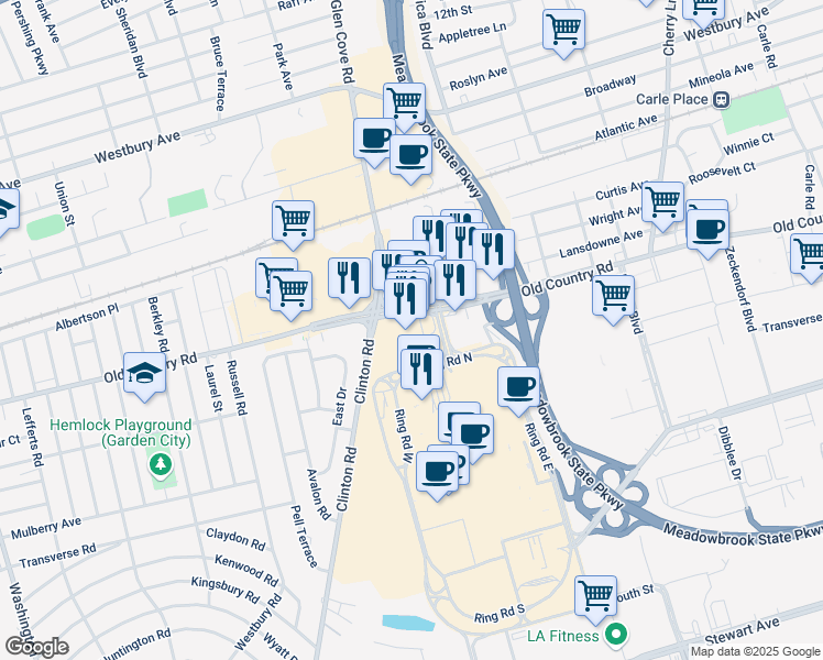 map of restaurants, bars, coffee shops, grocery stores, and more near 610 Old Country Road in Carle Place