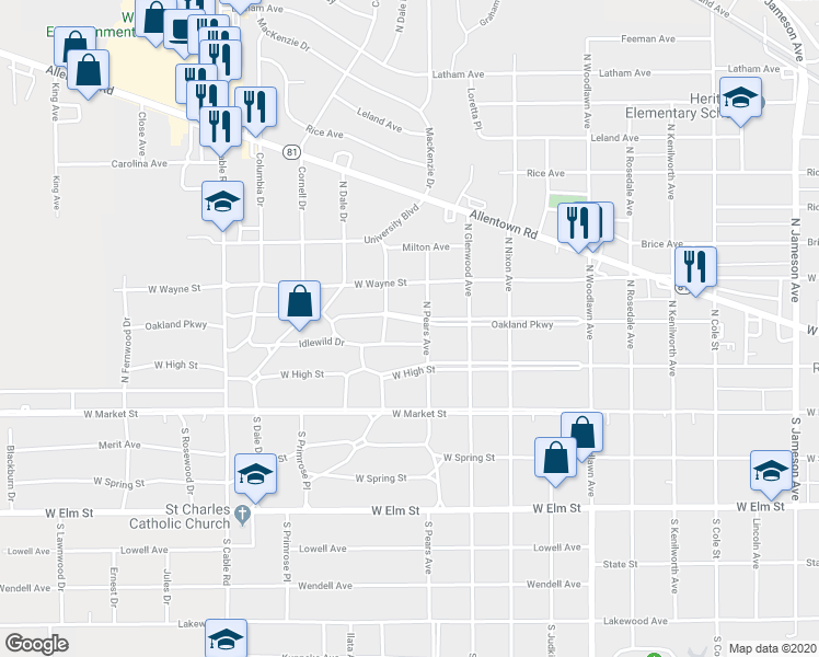 map of restaurants, bars, coffee shops, grocery stores, and more near 1805 Oakland Parkway in Lima
