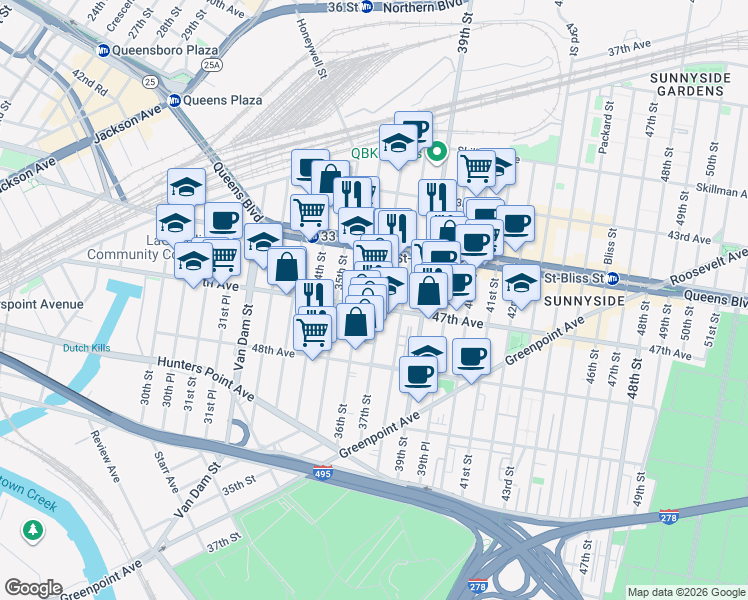 map of restaurants, bars, coffee shops, grocery stores, and more near 4545 36th Street in Queens