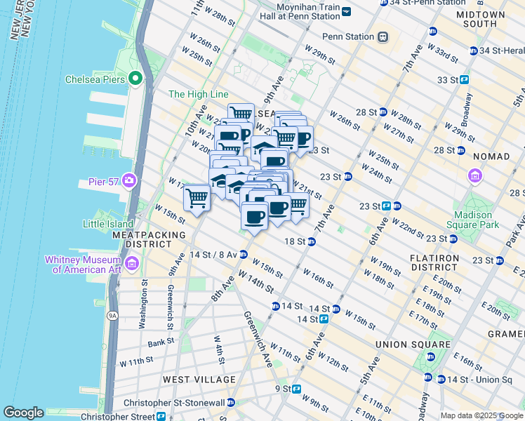 map of restaurants, bars, coffee shops, grocery stores, and more near in New York