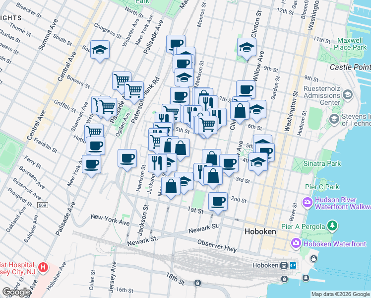 map of restaurants, bars, coffee shops, grocery stores, and more near in Hoboken